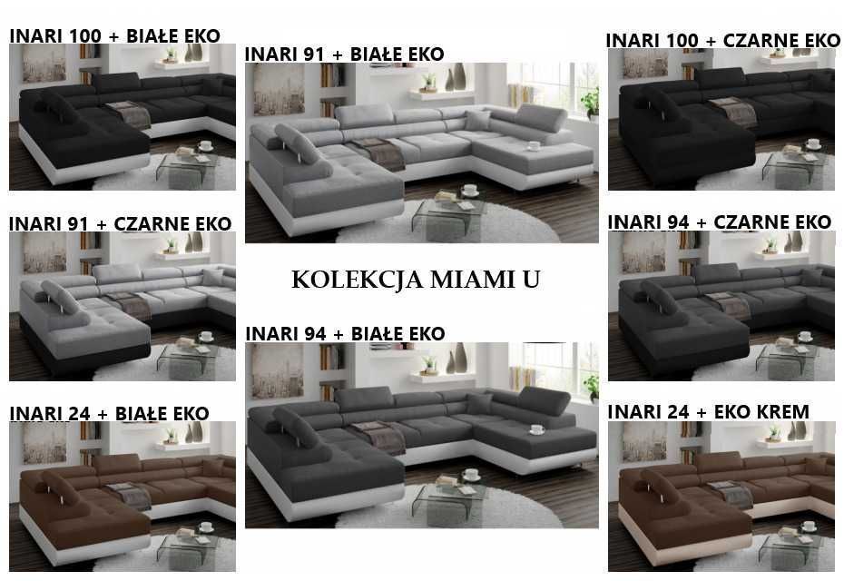 Narożnik MIAMI U Dostępny od ręki w tkaninie INARI 91+BIAŁA EKOSKÓRA