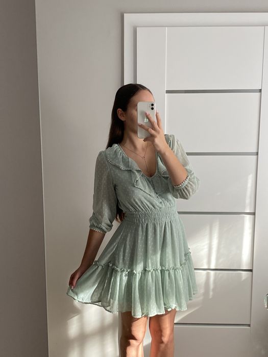 Miętowa elegancka krótka weselna sukienka w groszki House Brand (S)