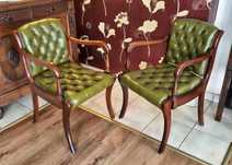 Fotel krzesło chesterfield gabinetowe zielona skóra vintage
