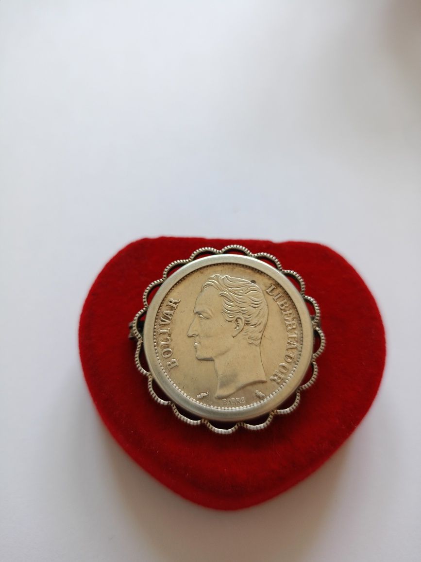 Broszka moneta bolivar 1960 SREBRO