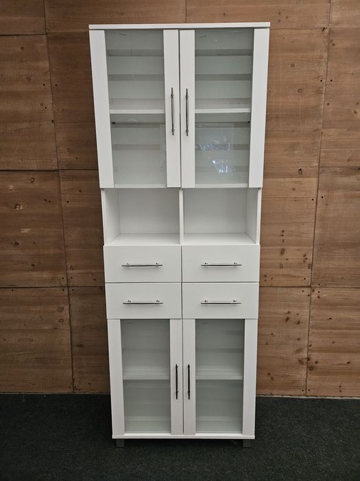 Biała szafka regał podwójny słupek szklane drzwiczki