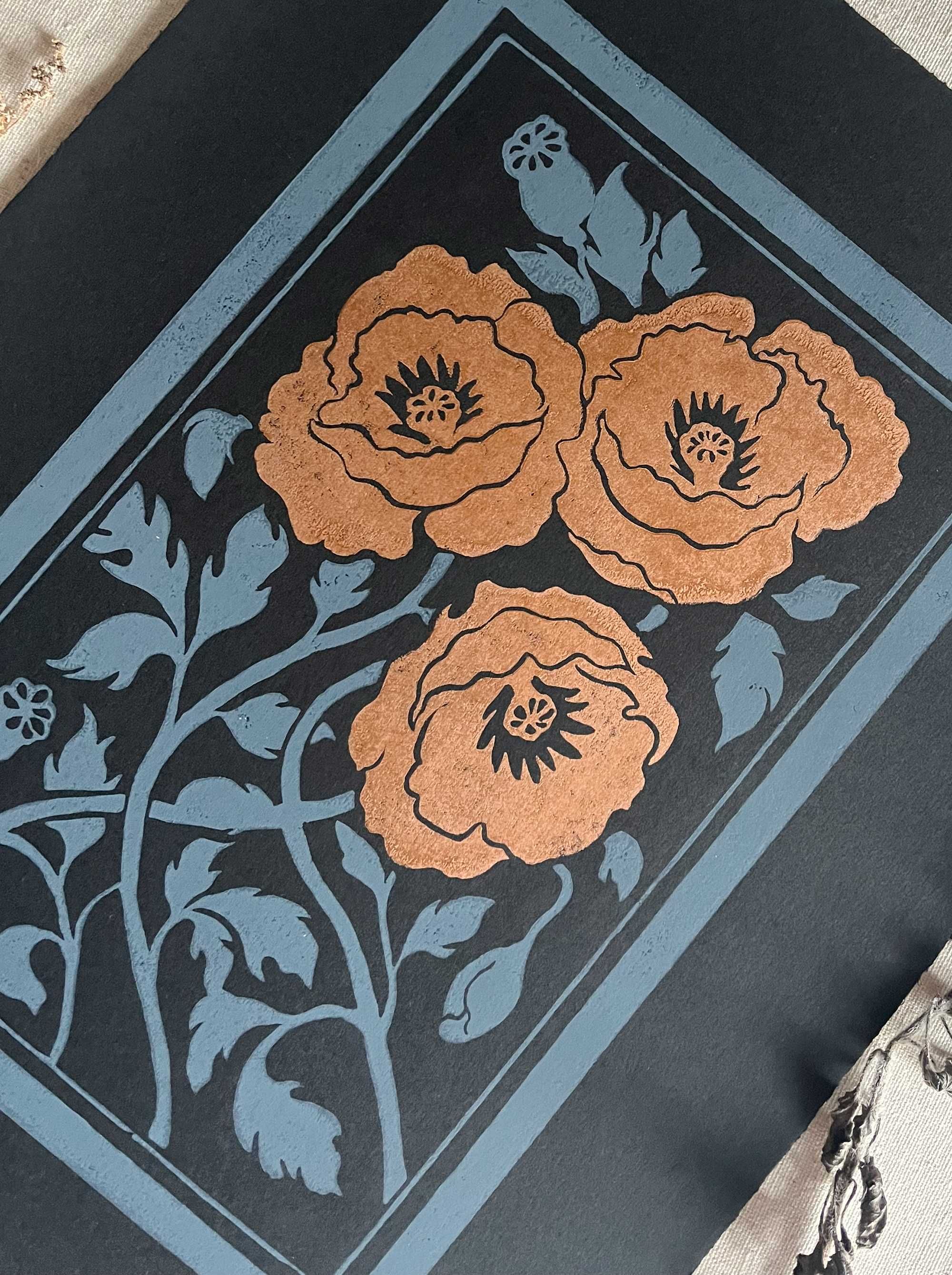Oryginalny Linoryt kwiaty Maku miedź na czarnym naturalnym papierze