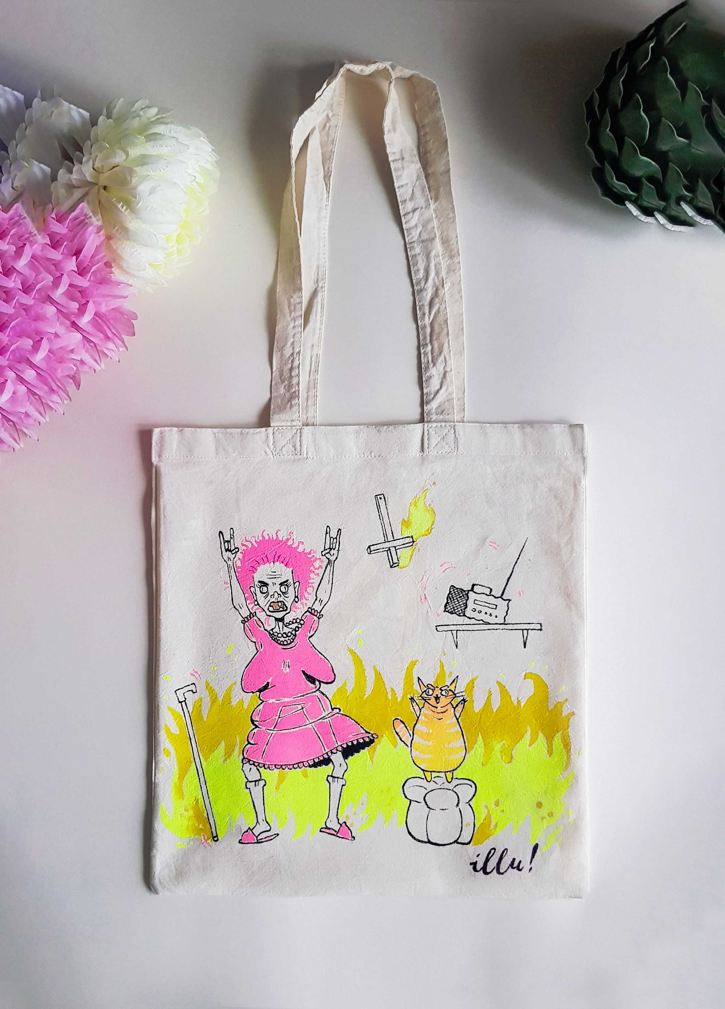 Eko-torba rockowa babcia ręcznie malowana rękodzieło shopperka