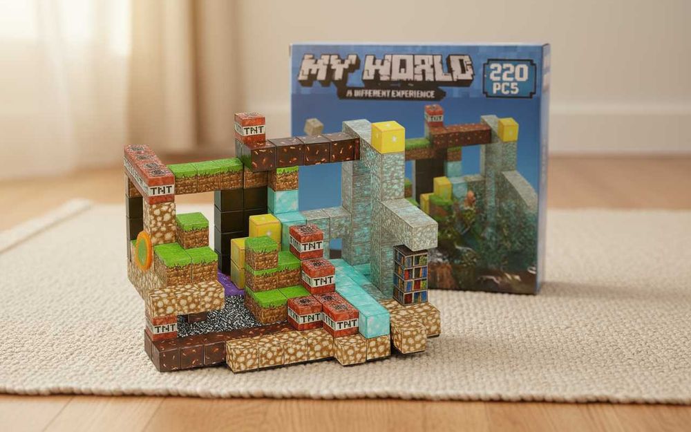 Klocki magnetyczne styl Minecraft 220 el. mocne magnesy + 2 figurki