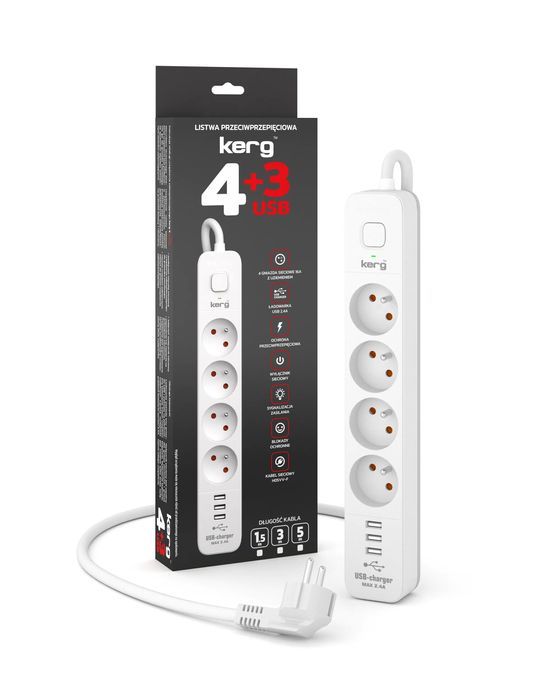 Przedłużacz przeciwprzepięciowy Kerg 4 gniazda + USB 3m M02414