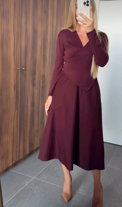 Zara sukienka z łączonych materiałów s 36 bordowa MIDI