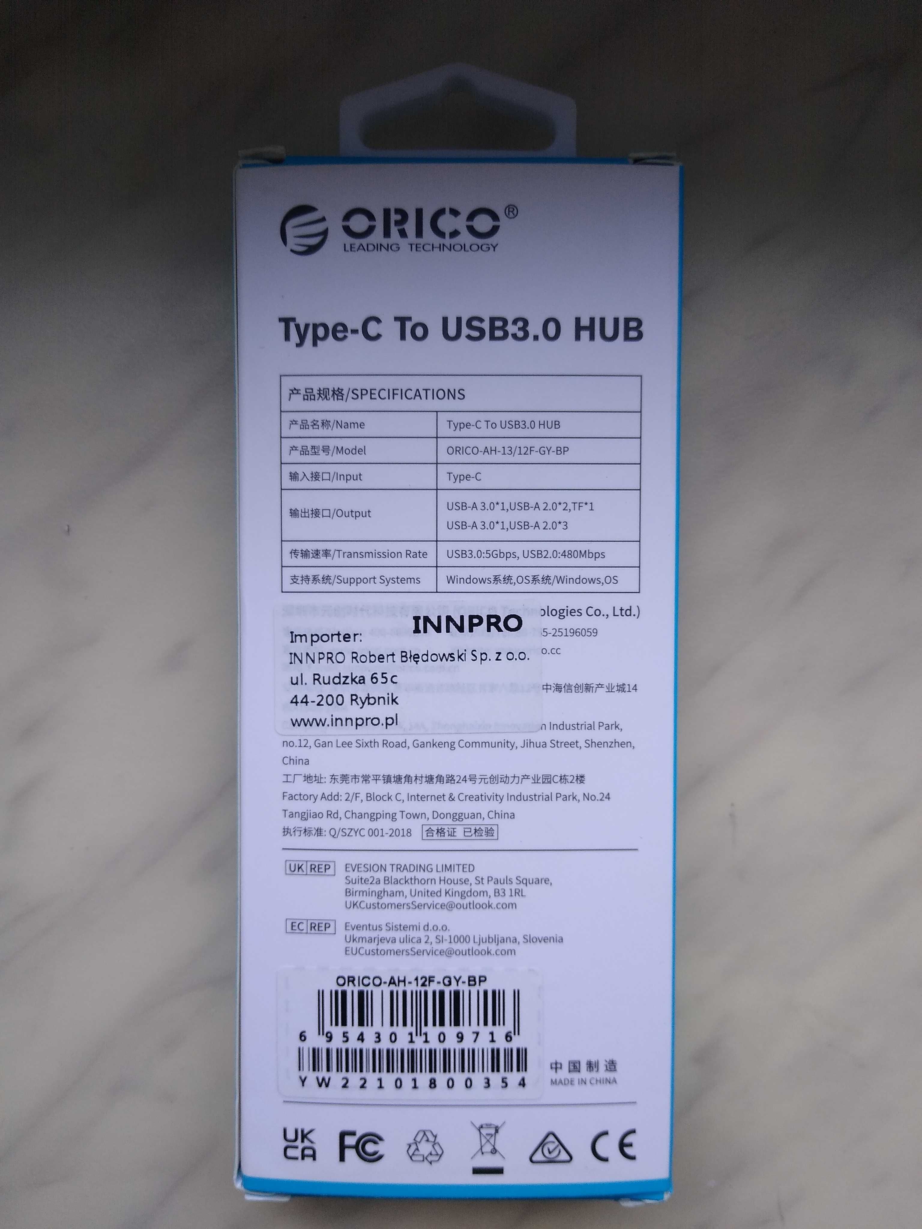 HUB USB-C, Czytnik Kart Micro SD(TF) - Orico AH-12F-GY-BP 3XUSB, 5Gbps