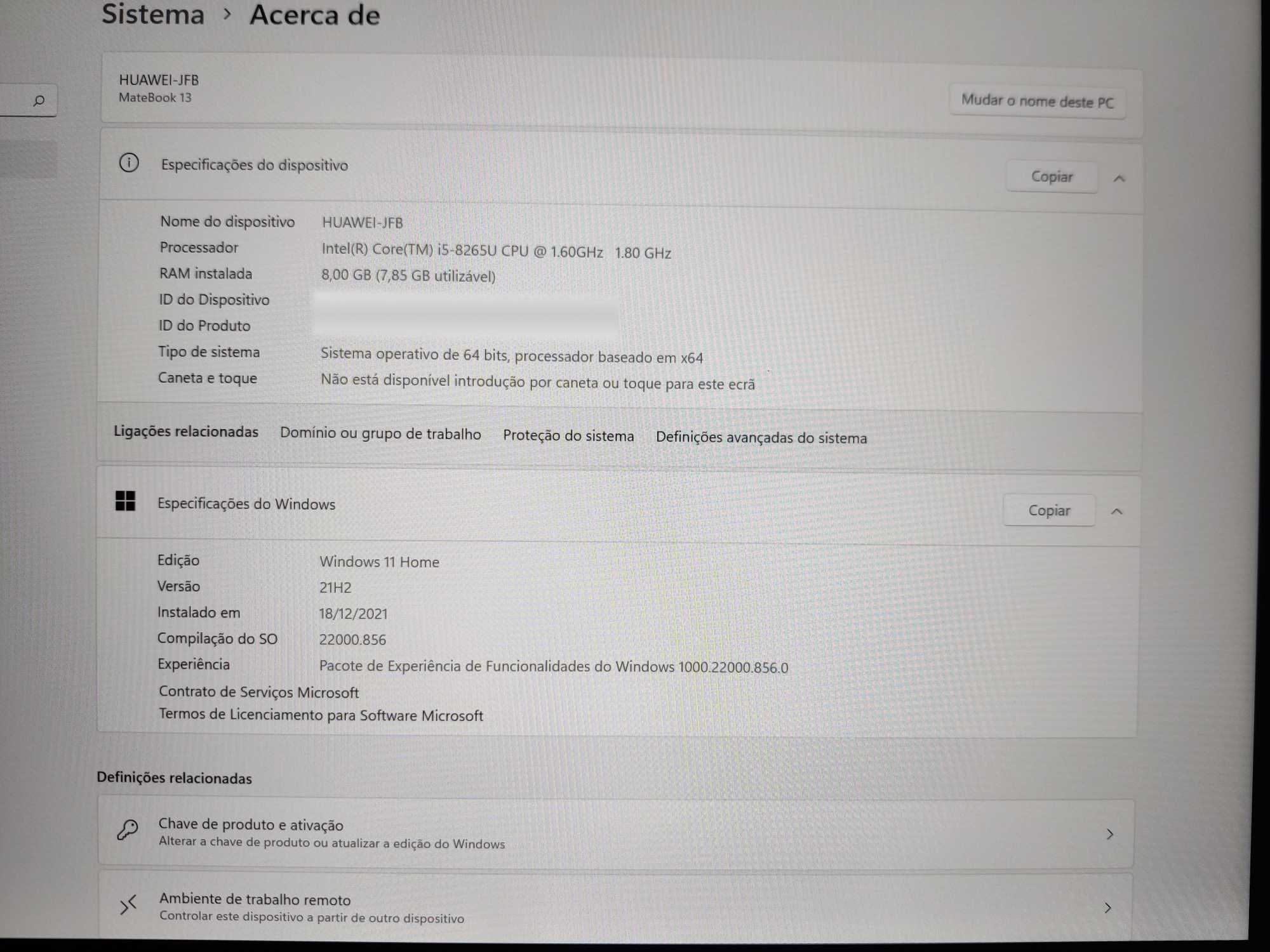 Portátil Huawei MateBook 13 i5-8265U 8GB 256GB SSD