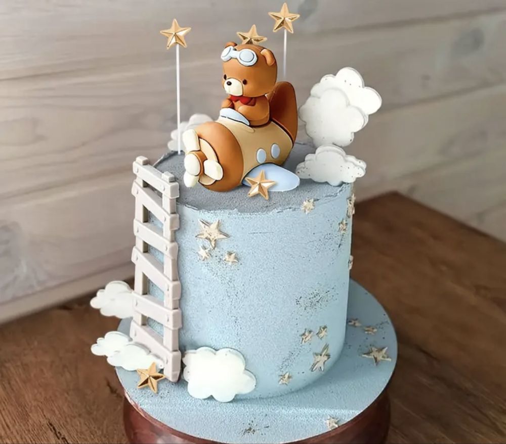 Dekoracja tortu miś samolot chrzest roczek dla chłopca babyshower