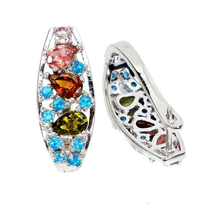 Серебряные серьги с цветным турмалином 2х6мм и апатитом