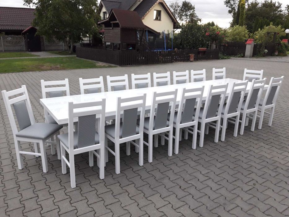 Stol 330/400 +18 krzesel krzesla bialy polysk okazja promocja