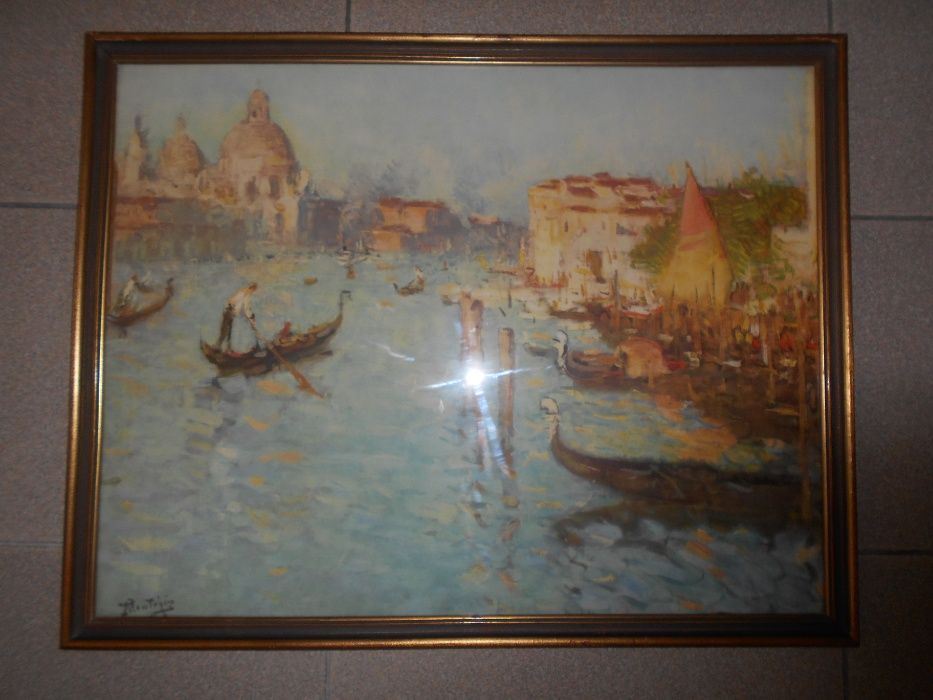 Bonito quadro com vidro de paisagem veneziana - Reprod. (76 x 59 cm).