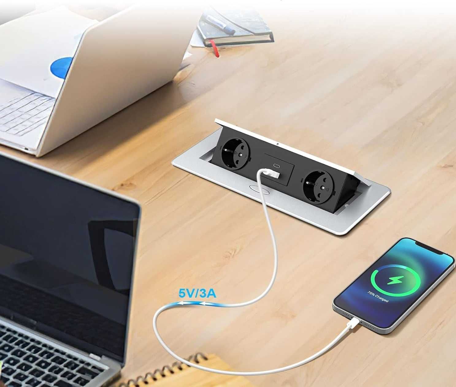 Gniazdko Stołowe do Zabudowy 2 Gniazda Wtykowe USB Blat SREBRNE