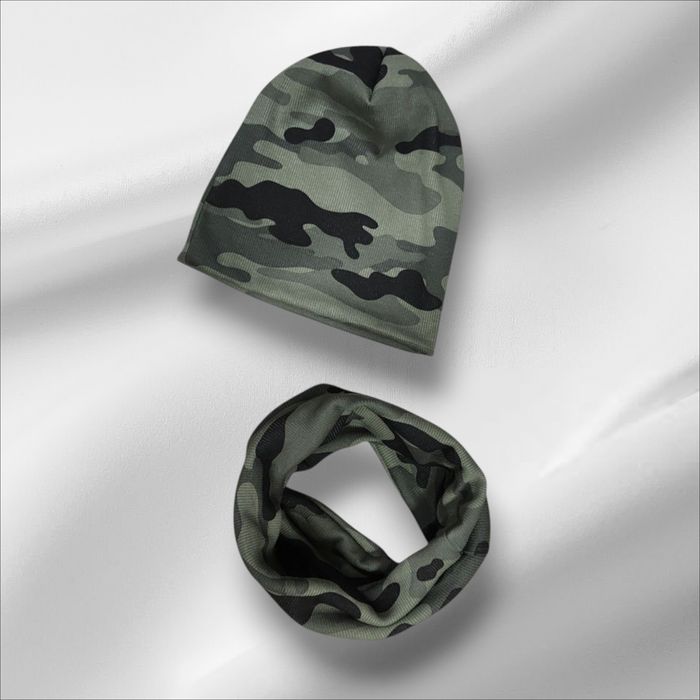 Stylowy komplet chłopięcy czapka komin moro khaki prążek nowy 52 54 cm