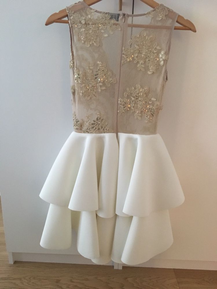 Sukienka elegancka EMO biało-beżowa, 36
