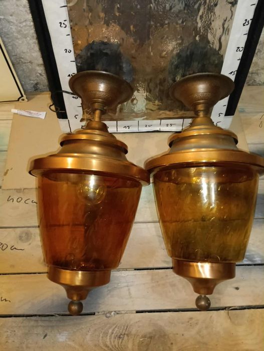 Lampy zewnętrzne zabytkowe lata 70 mosiądz,klosz kolor bursztynu