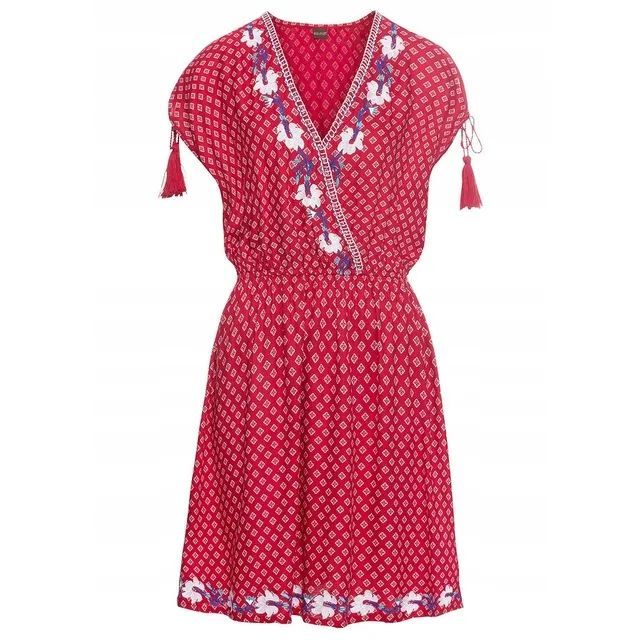 bonprix czerwona sukienka mini boho cold shoulders hafty frędzle 50