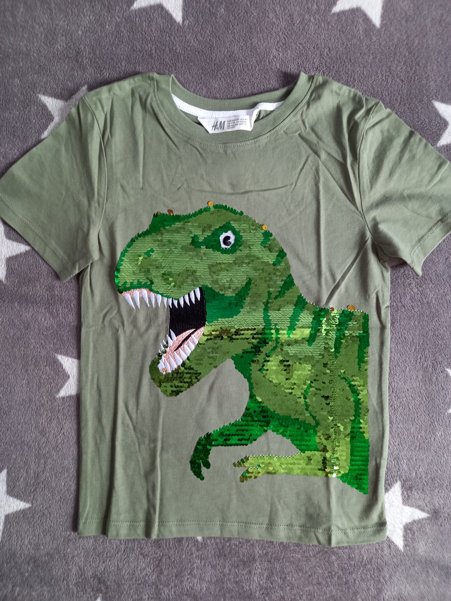 NOWA koszulka tshirt hm h&m 122 128 dinozaur dinozaury cekiny trex