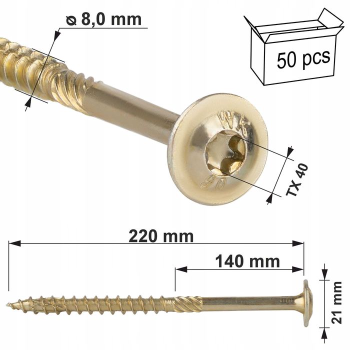 Wkręty ciesielskie 8x220 mm 50 szt. do drewna TalerzoweTORX KlimasWKCP