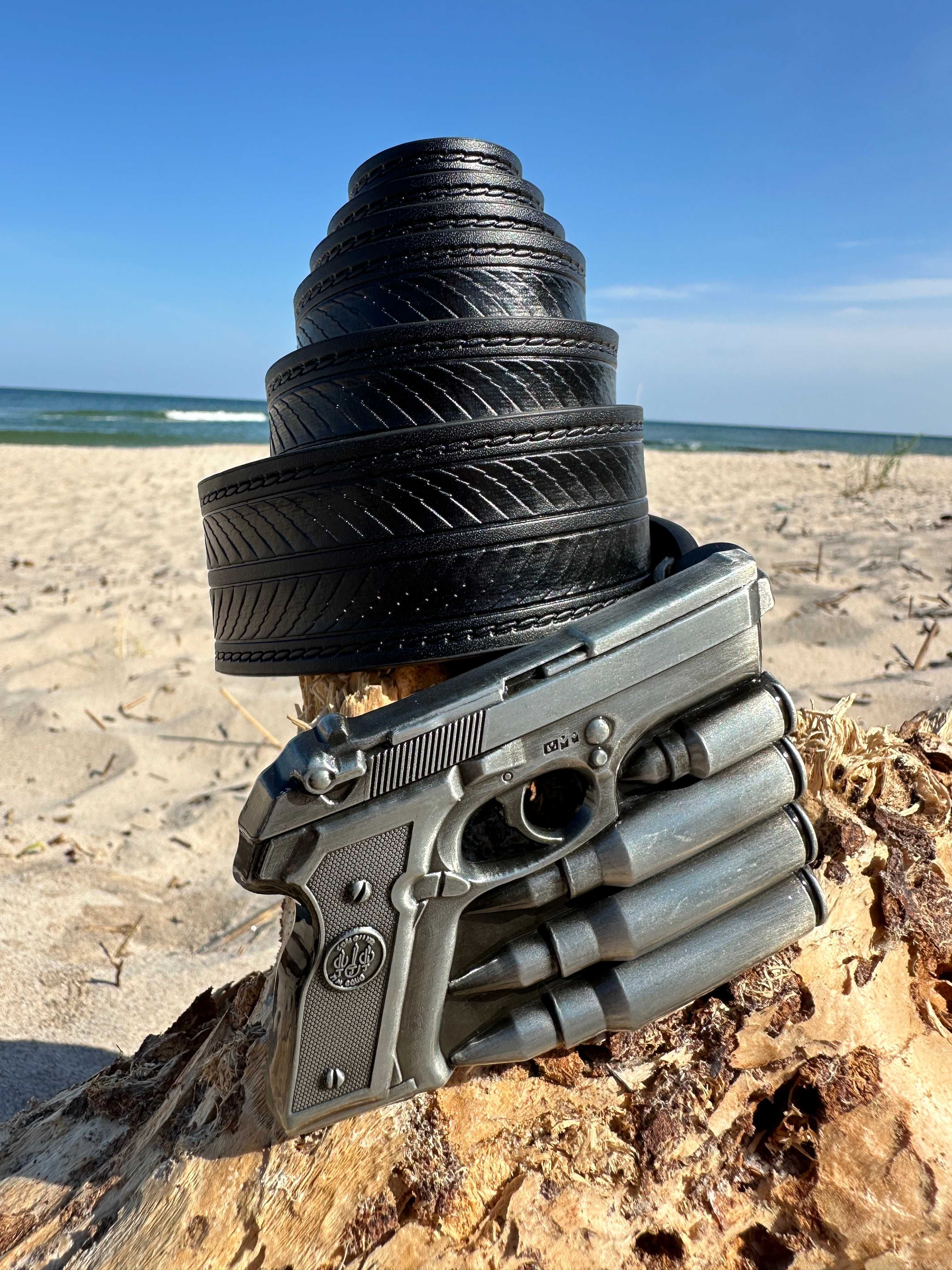 Pasek Skórzany Kowbojski Cowboy Pistolet Bullets Klamra Black Czarny