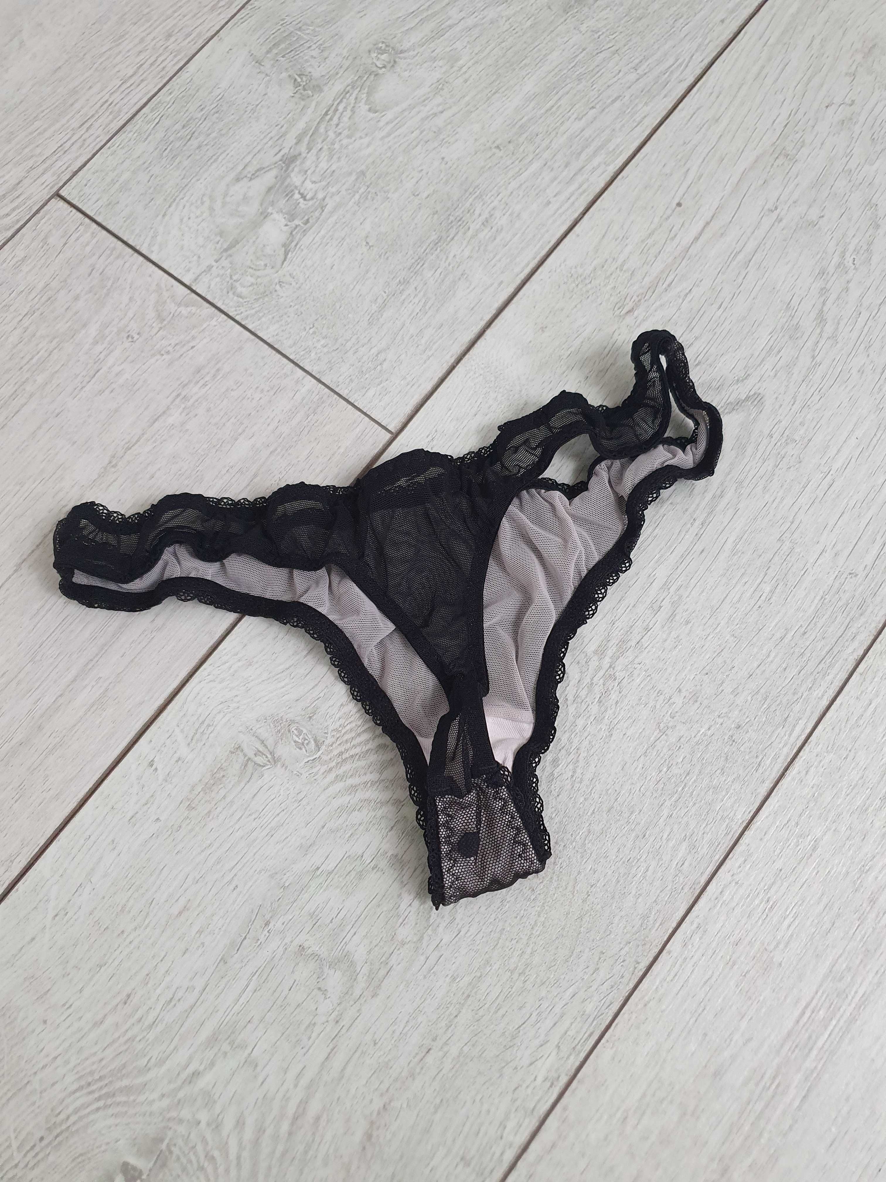 H&M czarne majtki stringi w groszki S