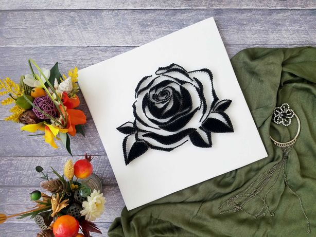 Стринг арт Роза, Картина нитками черно-белая роза, Мандала