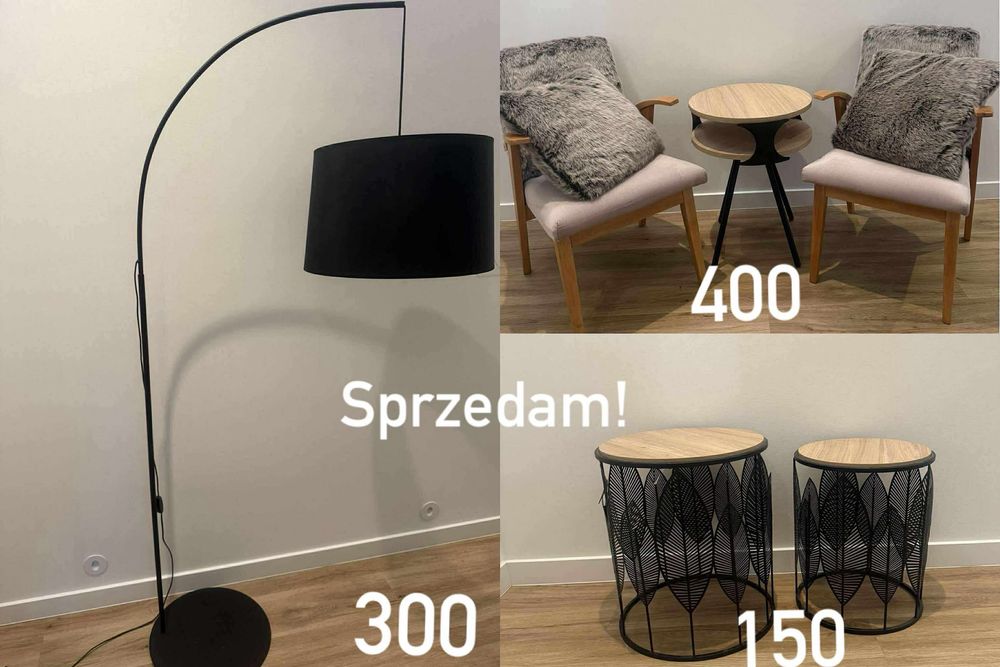 Zestaw mebli, lampa stojąca, stoliki nocne