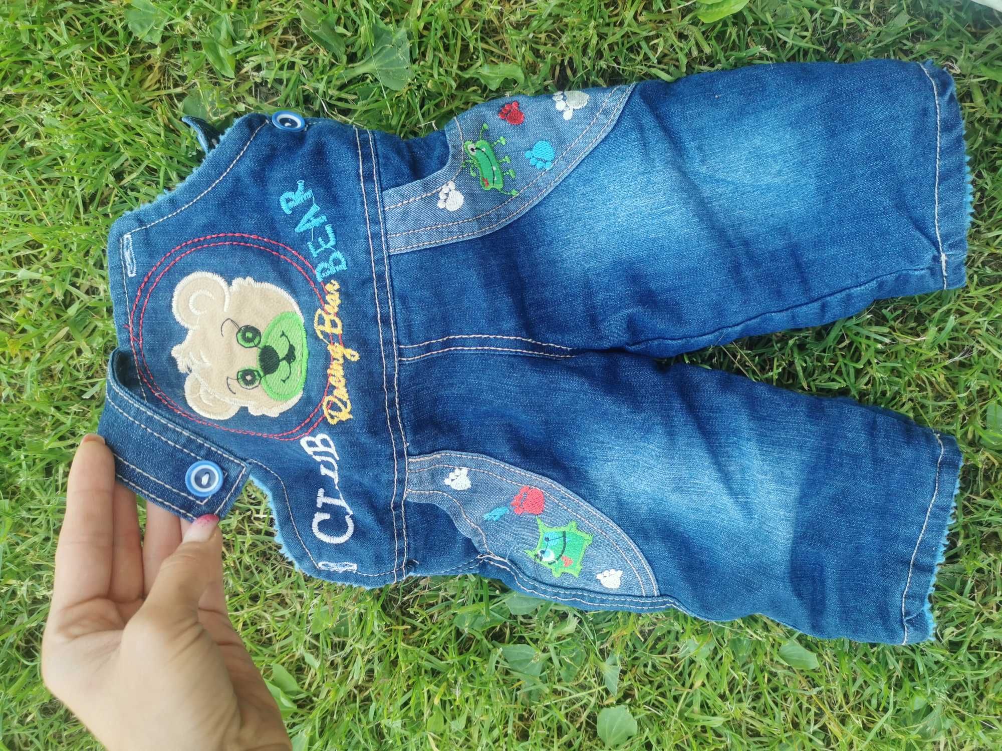 Ciepłe zimowe jeansowe ogrodniczki dla dziecka nowe miś