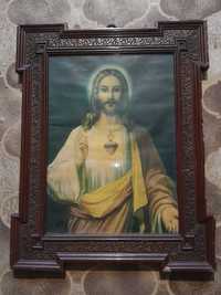 Stary obrazek święty obraz drewniana zdobiona rama Jezus