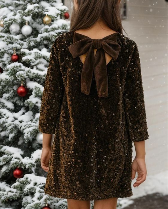 Nowa cekinowa sukienka brązowa z kokardą 146/152