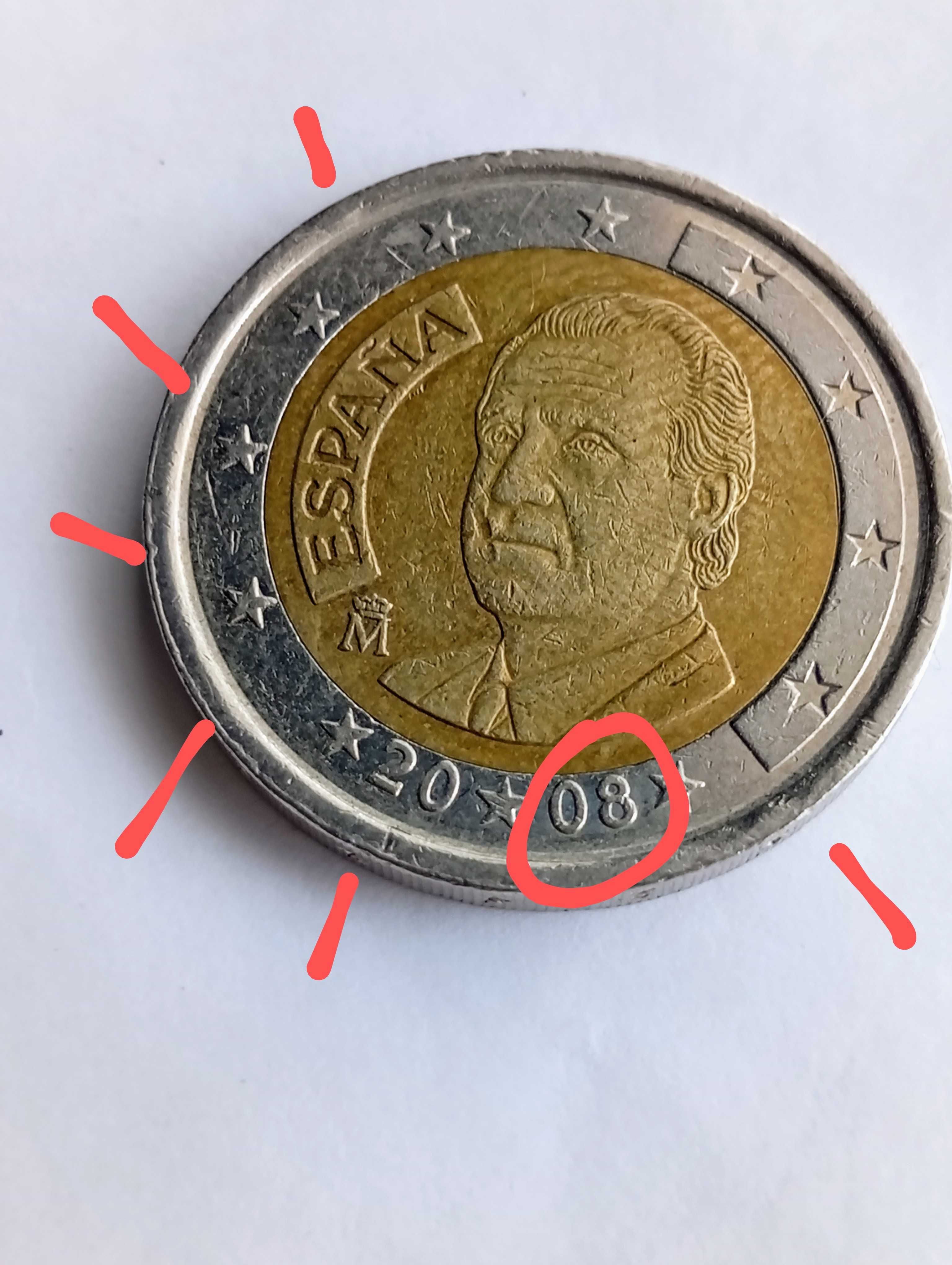 Moeda espanhola, 2 €, 2008, com defeitos