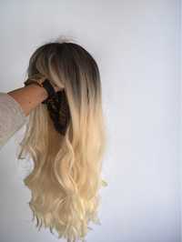 Peruka blond z grzywką, ombre, długie falowane włosy