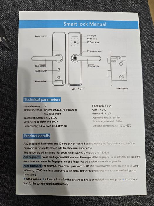 Klamka na kod+czytnik RFID+palec