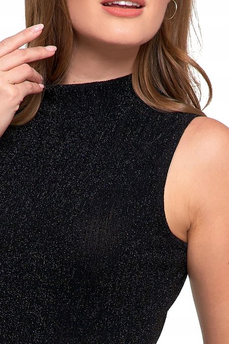 Sukienka Damska Midi Bez Rękawów Koktajlowa  Połysk Dopasowana Moraj S