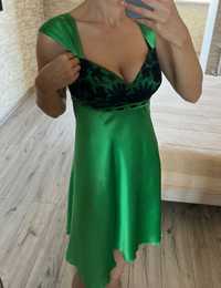 Шовкова святкова зелена сукня коротка міді шовк мереживо
