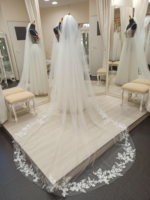PROMOCJA Nowy welon długi katedralny 3m koronkowy ivory ecru