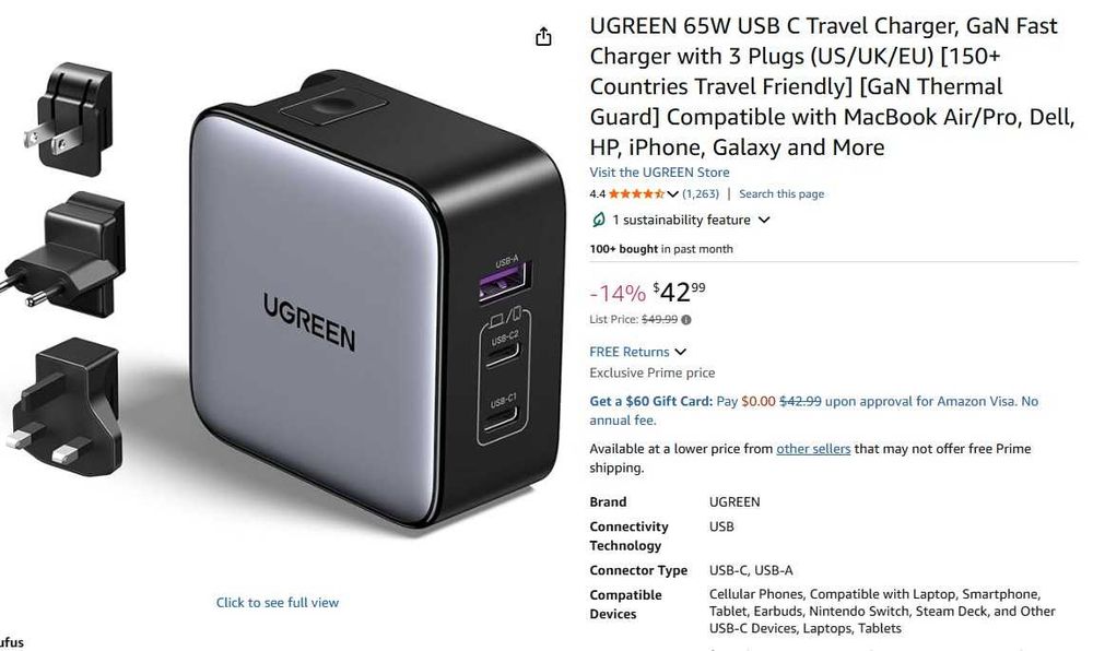 Зарядне Ugreen Nexode GAN Travel 65w