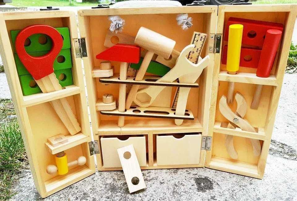 Nowa drewniana skrzynka warsztat z narzędziami mały majsterkowicz