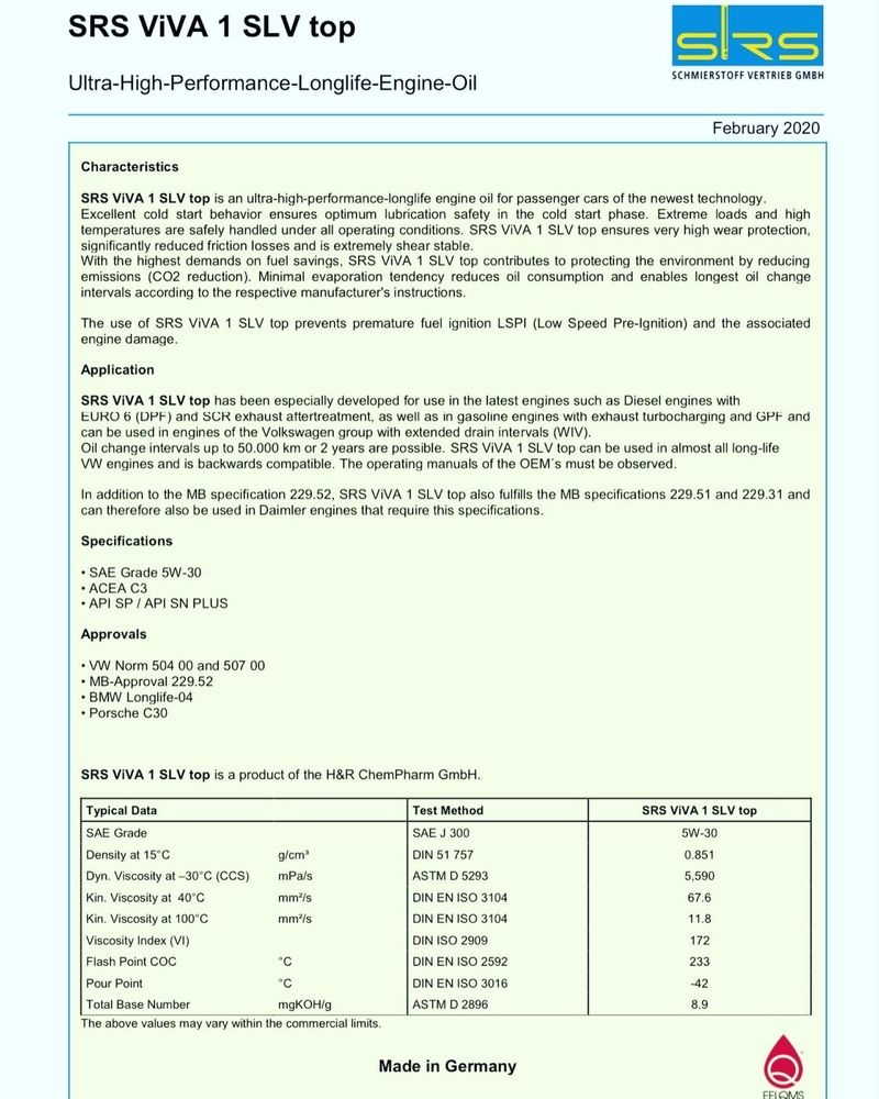 5w30 SRS VIVA 1 SLV top премиальное немецкое масло 507 допуск
