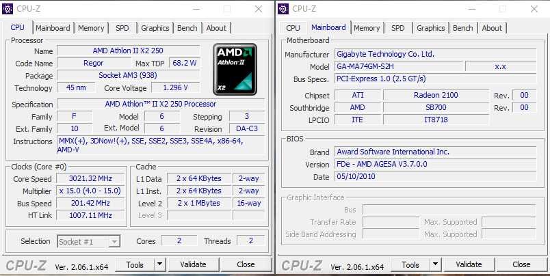 Комплект  2 -ядра AMD Athlon II X2  250 /Gigabyte GA-MA74GM-S2H (DDR2)