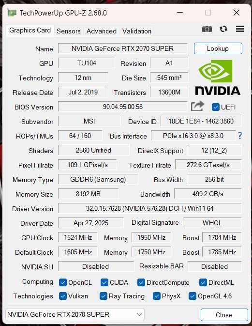 MSI RTX 2070 Super Ventus 8GB GDDR6 – игровая видеокарта