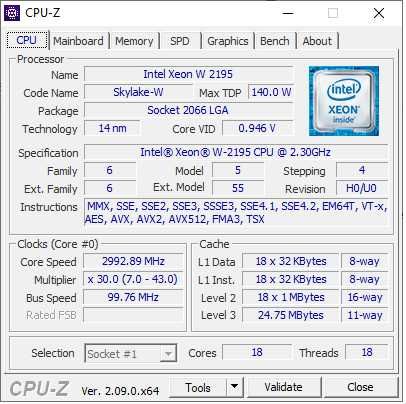 s2066 CPU для ПК: Intel Xeon W-2195: 18/36 ядер, ≤4.3 ГГц, 25MB, 140W