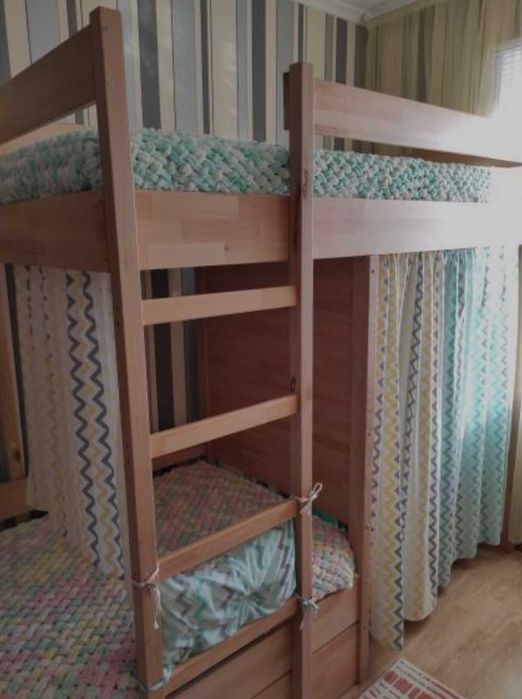 Двоярусне ліжко бук з шафою, шухлядою, дерев'яне дитяче ліжко, матрац