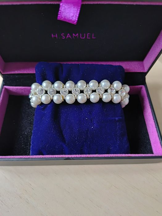 Podwójna bransoletka z pereł i cyrkoni ślubna balowa piękna elegancka