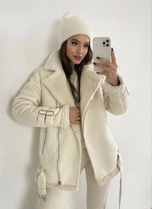 Жіноча зимова дублянка aviator (авіатор) молочного кольору, розмір s-m