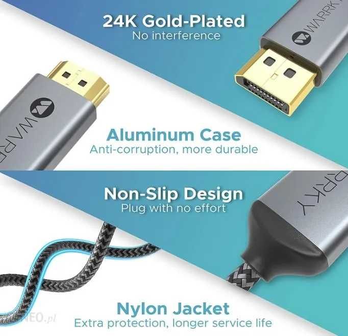 Kabel DisplayPort na HDMI, Firmy WARRKY 4K ultra HD - 2,0m dł.