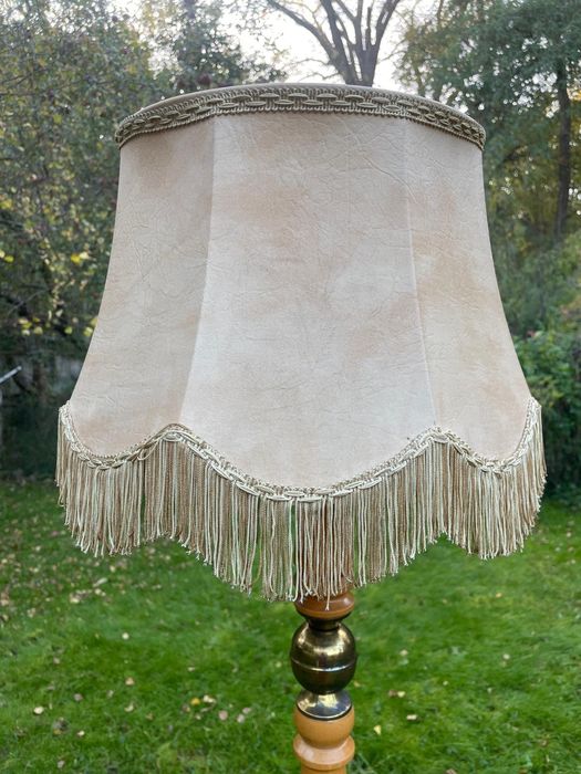 Lampa podłogowa stojąca drewno+mosiądz abażurem skóra VINTAGE komplet