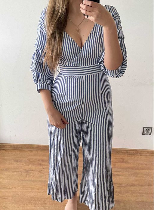 boohoo kombinezon spodnie biały w paski dzwony 38 m s