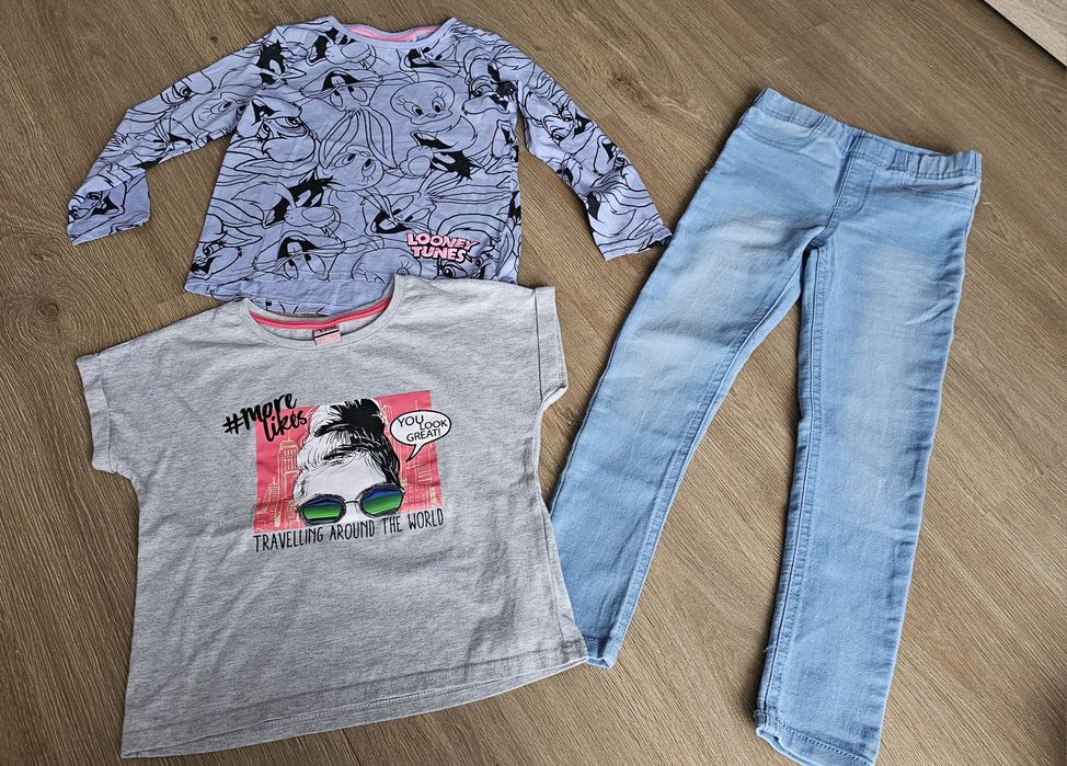 Zestaw dziewczęcy spodnie jeans, bluzka + koszulka Looney Tunes r. 128