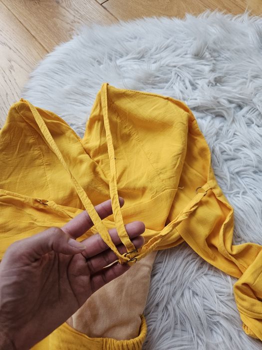 Żółta musztardowa letnia midi długa podpasowana sukienka M